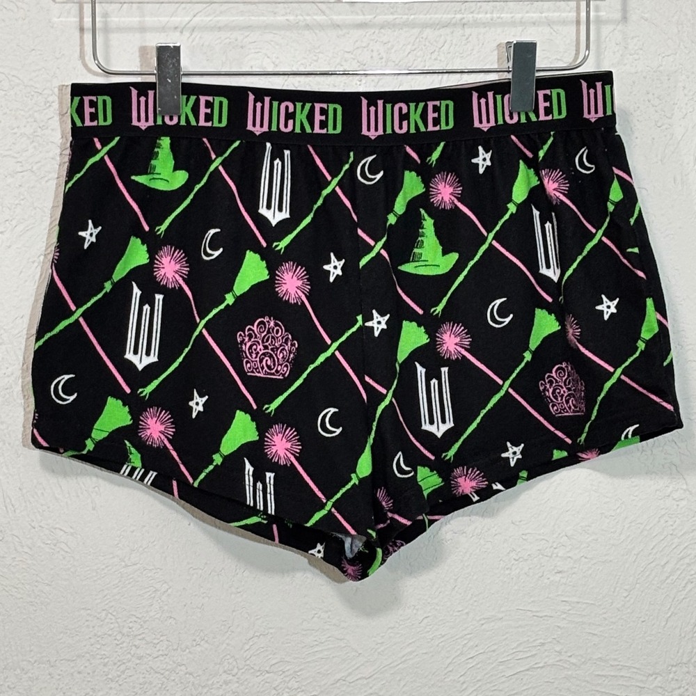Wicked The Musical Lounge Shorts Size Medium Black Green Pink Witch Brooms